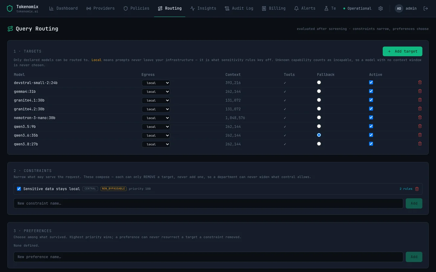 Routing configuration listing targets, constraint rules, preference ordering and the enforcement switch.