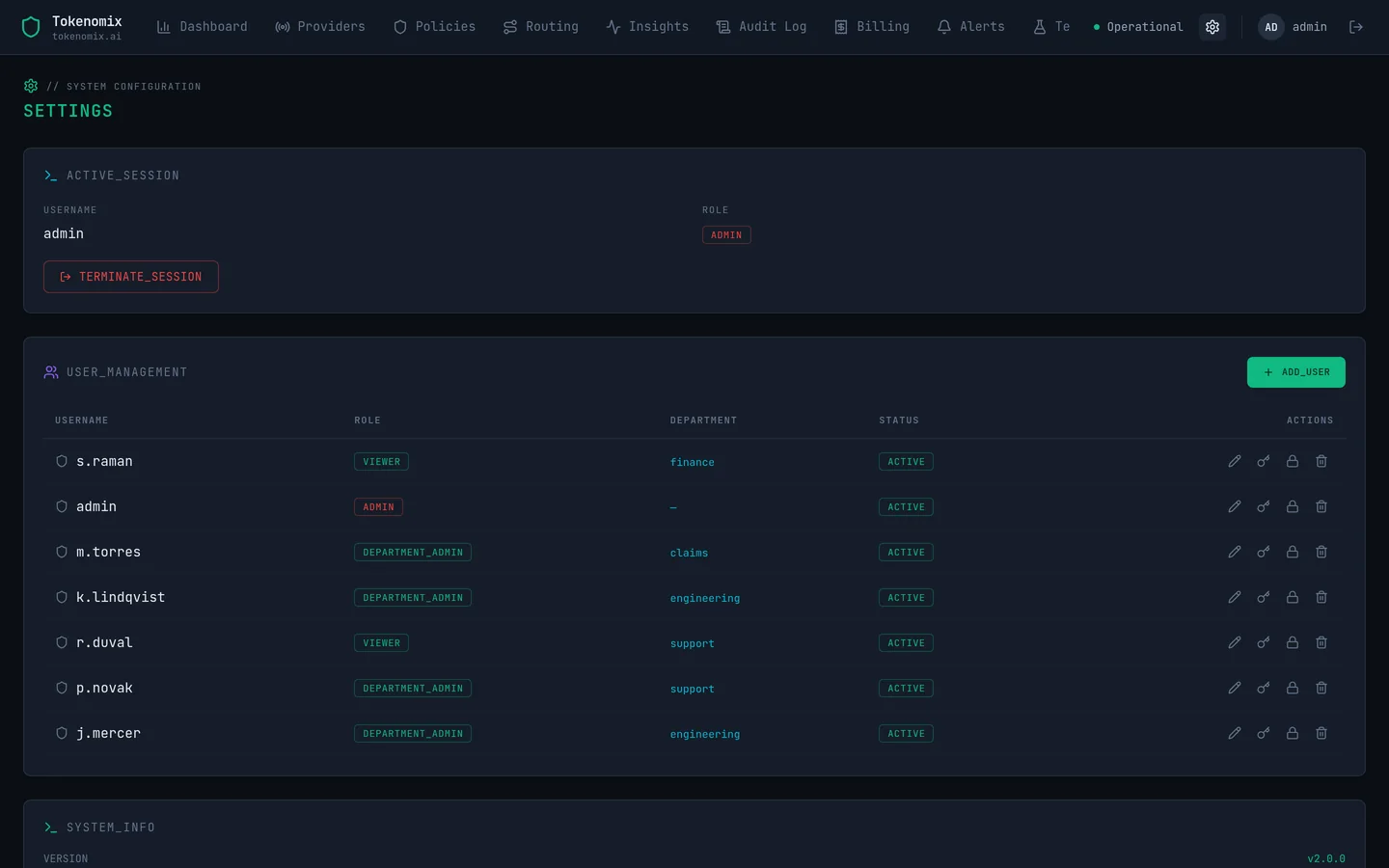 User management showing each account's role and department, which is what spend and quotas are attributed to.
